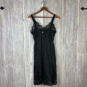Velrose Black Lace‎ Trim Slip Dress Average Size 32 Nylon Vintage LACE TORN READ